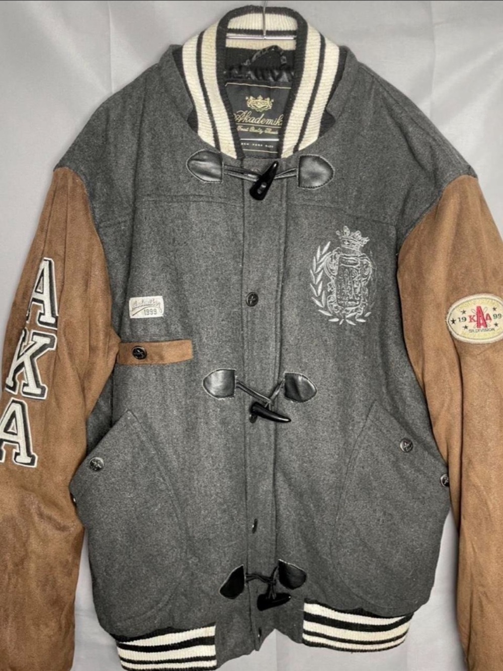 Akademiks Gray Wool-Blend Varsity Jacket with Brown Leather Sleeves